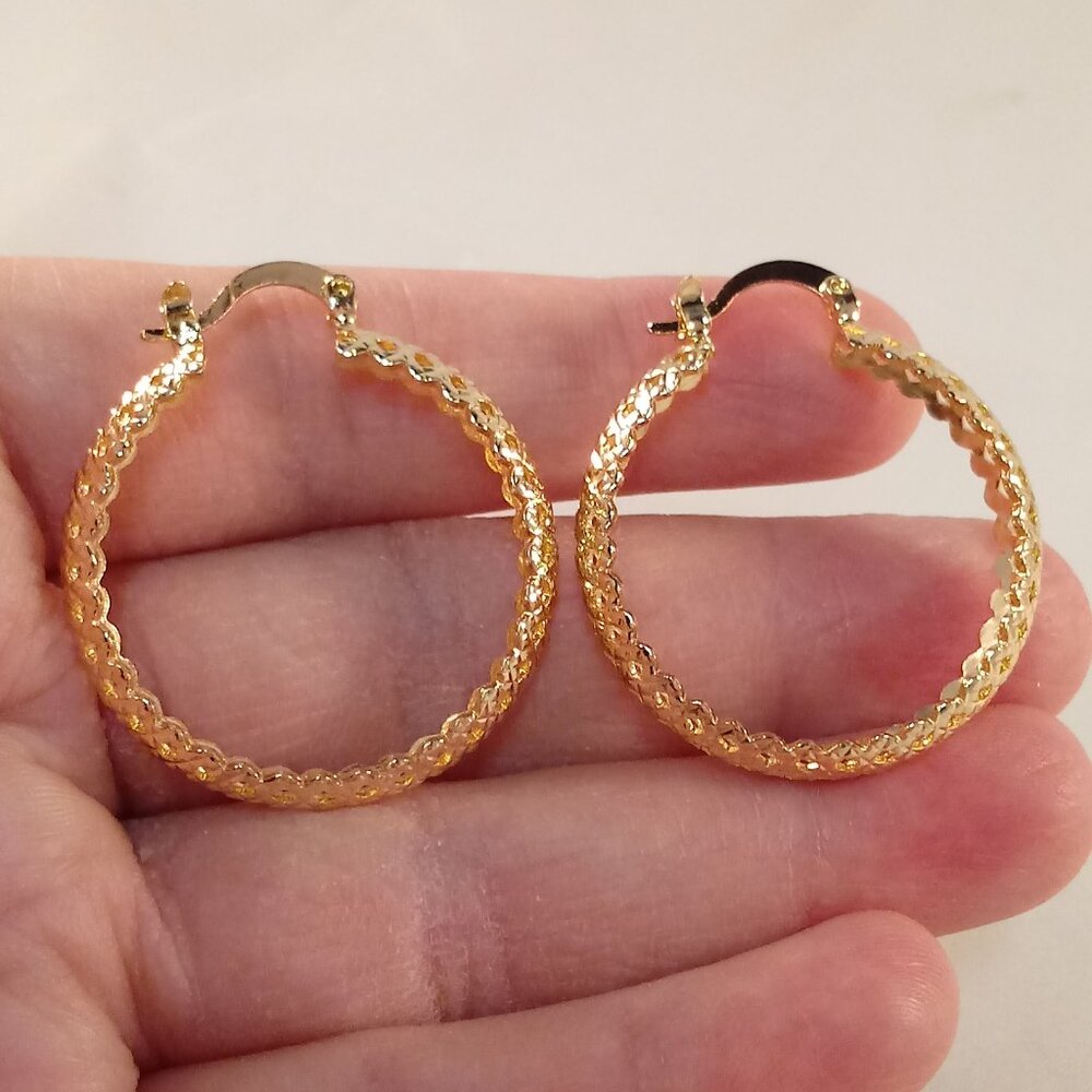 18K Yellow Gold Filled Bohemian Carve Layer Circle Hoop Dangle Earrings 34mm - Picture 2 of 6